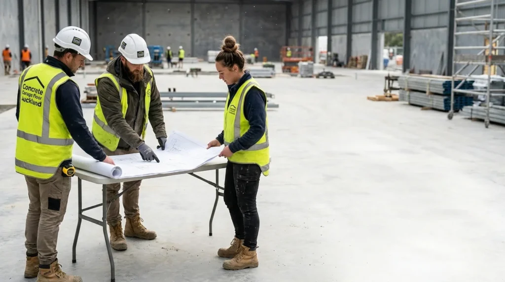 Project managers from Auckland’s Leading Garage Floor Specialists reviewing blueprints on a large construction site.