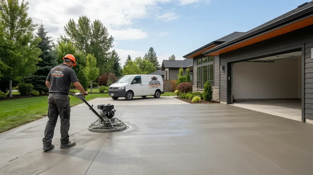A contractor using a power trowel to achieve a smooth polished concrete finish on a residential driveway.