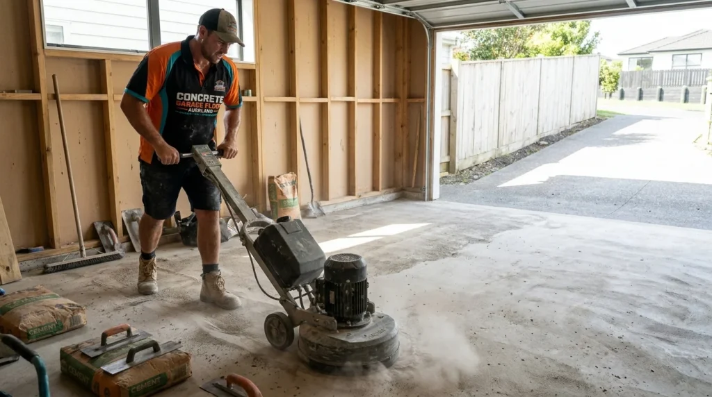 A worker operating a concrete floor grinder to prepare a surface for a professional epoxy coating.