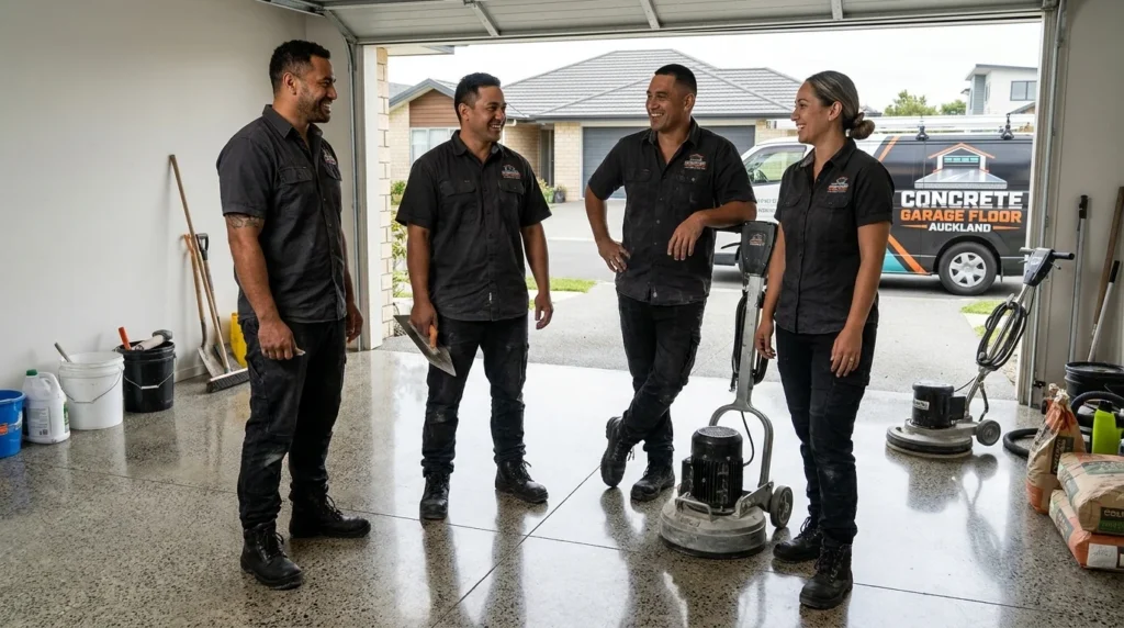 The professional team from Auckland’s Leading Garage Floor Specialists posing in a garage with equipment and branded van.